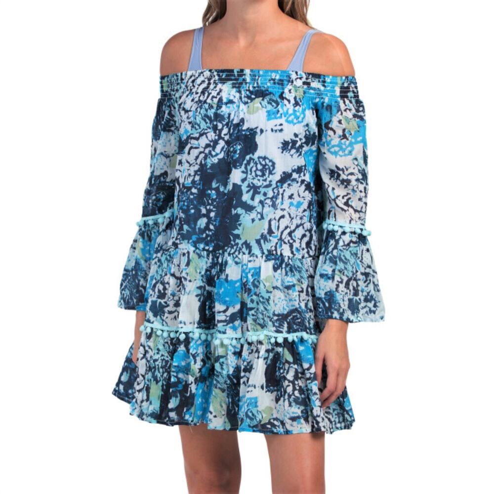 NWT Debbie Katz Talulah Off The Shoulder Ruffle Trim Mini Dress Swim Cover-up